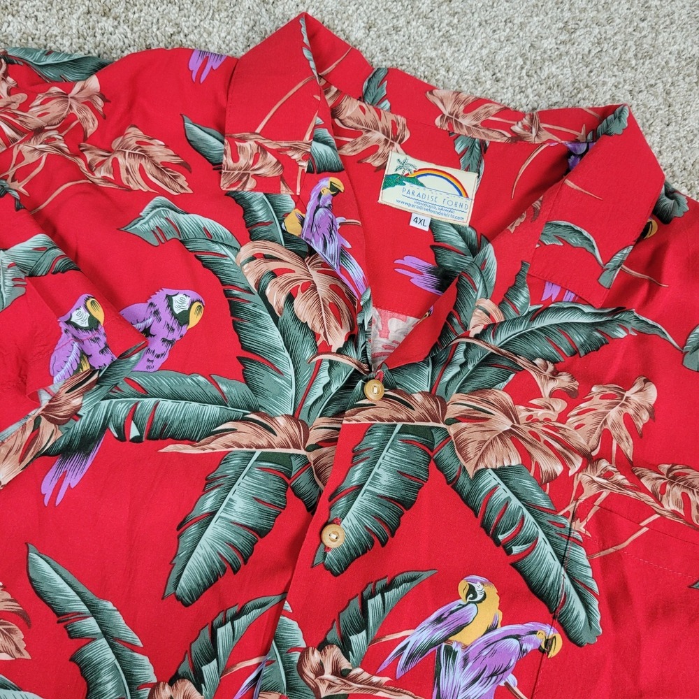 Vintage Paradise Found Mens 4XL Red Magnum PI Parrot Hawaiian Short Sleeve Shirt